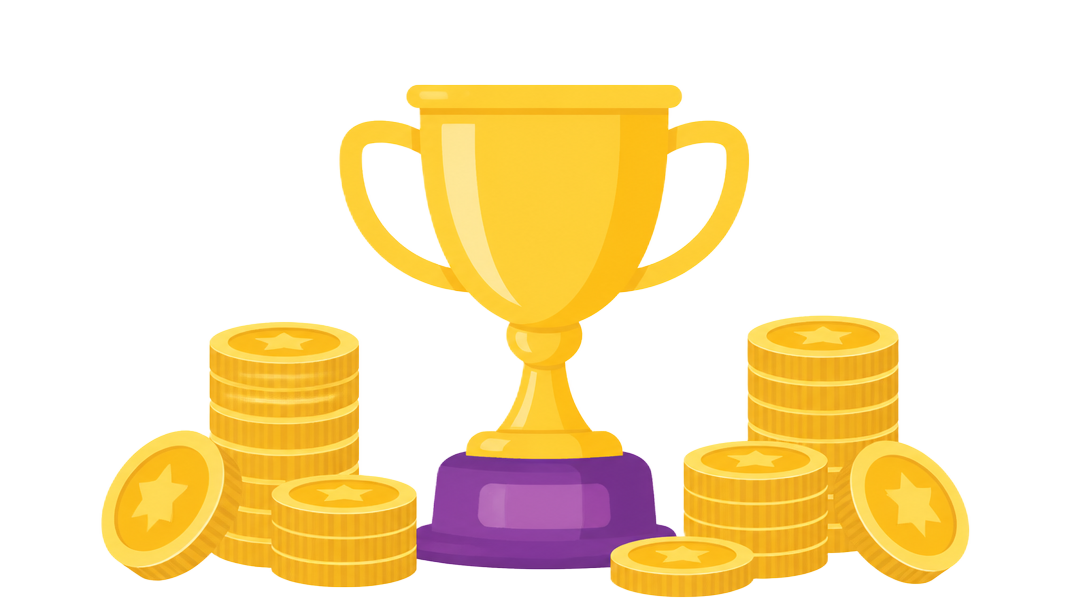 Gold trophy with stacks of coins